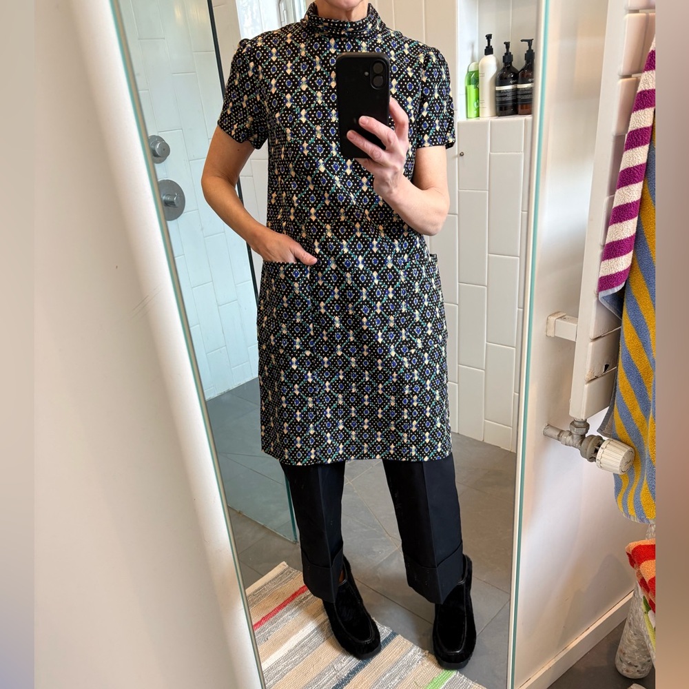Bird Brooklyn Black Printed Textured woven Short-sleeved Dress